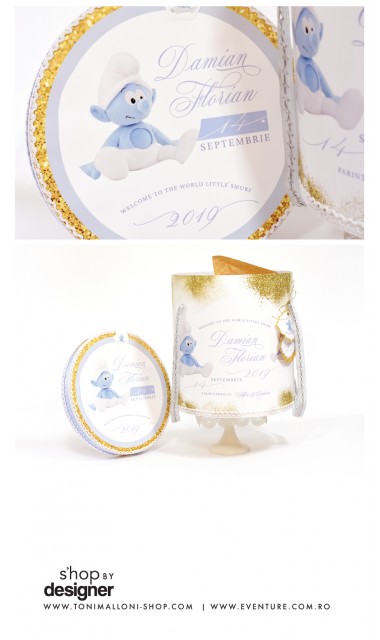 Trusou de botez brodat pentru baieti cu strumf in bleu si gold, Bebe Smurf 1